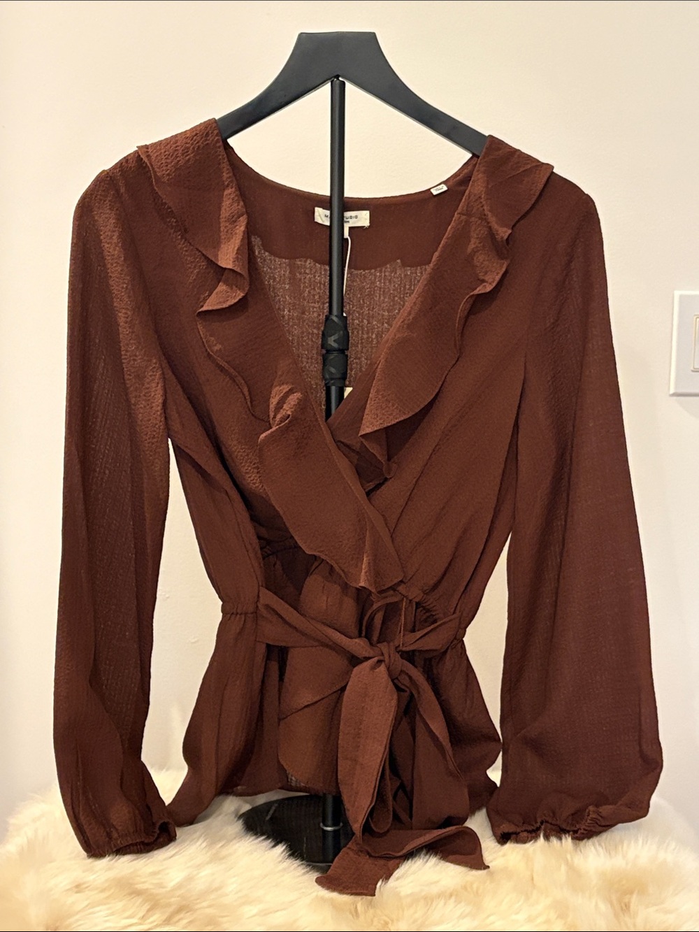 Max Studio Brown Ruffle Tie-Front Blouse Faux Wrap NWT